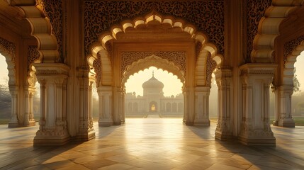 Serene and ornate archway with intricate carved patterns and designs bathed in soft warm golden light that emphasizes the elegant geometric architecture and timeless aesthetic appeal of this majestic