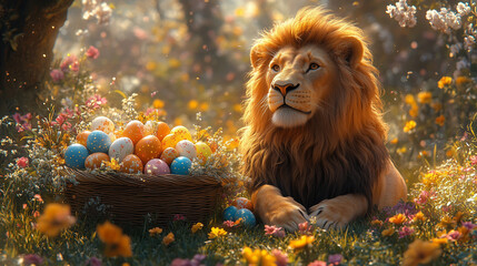 Lion playing with easter eggs