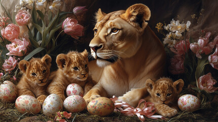 Lion playing with easter eggs