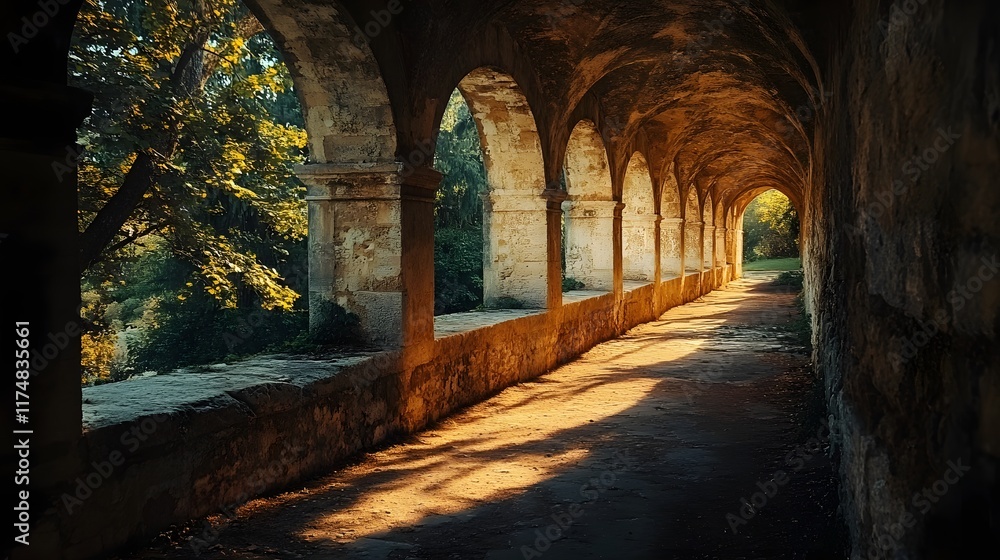 Poster captivating archway interplay of light and shadow in a historic passage showcasing the texture and t