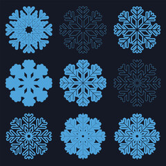 Set of snowflakes and small white beads on a background, creating a wintery festive scene, perfect for holiday themed designs and invitations. Isolated snowflake collection.