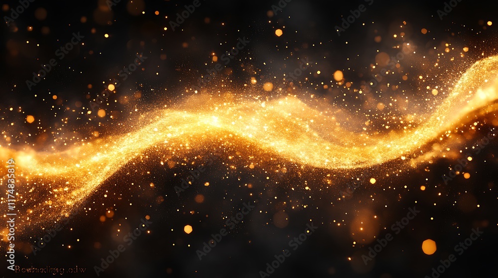 Poster golden energy stream: abstract art depicting a flowing stream of golden light and sparkles on a dark