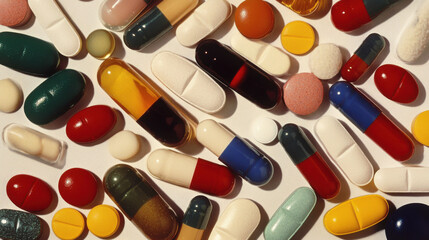 A Colorful Array of Capsules and Tablets on a Bright Background Showcasing the Diversity of Pharmaceutical Products and Their Forms for Medical Use