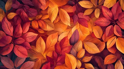 Fototapeta premium Vibrant autumnal leaves in a warm gradient pattern with rustic natural details The blending of colors and textures creates a beautiful cozy botanical background