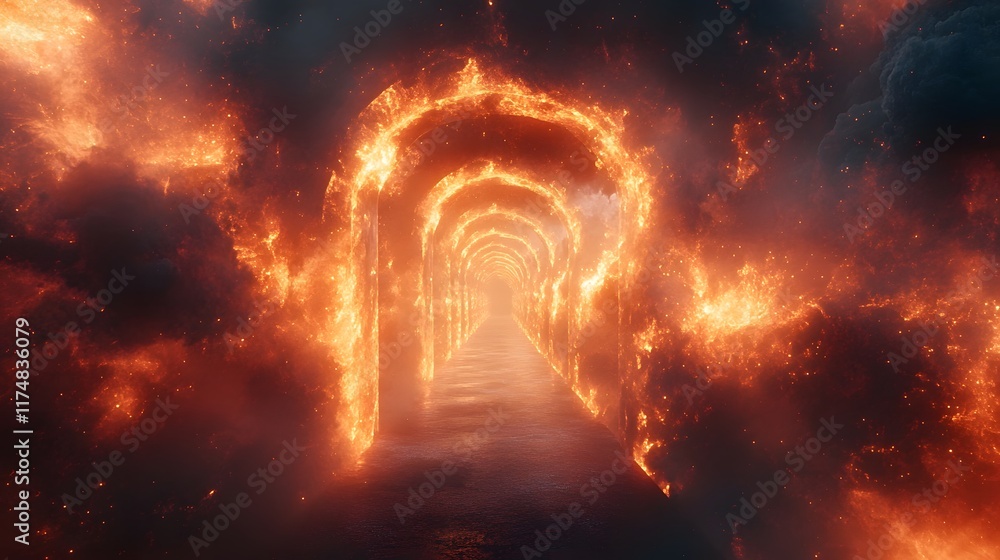 Poster fiery pulsating vortex tunnel with swirling glowing energy symmetric streaks of illumination and dyn