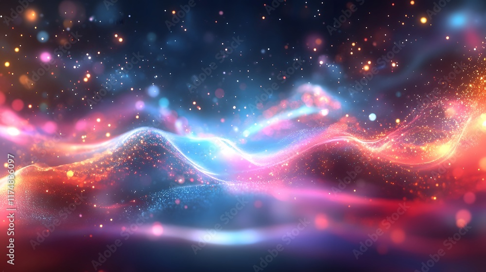 Poster Glimmering waveform radiates with rhythmic gradients blending symmetrical contours and sparkling depth in a captivating display of digital and cosmic energy