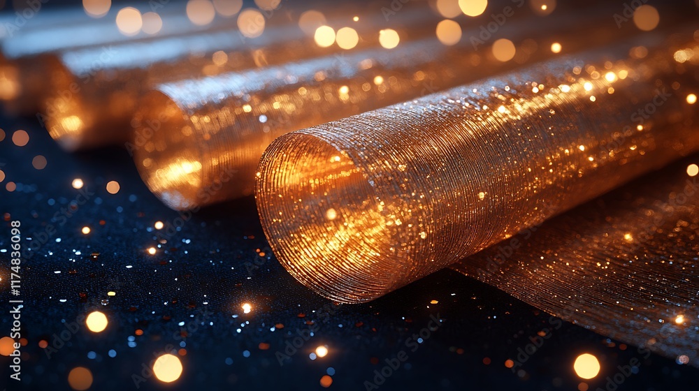 Poster golden sparkle: a trio of shimmering gold fabric rolls bask in a warm, inviting glow, reflecting the