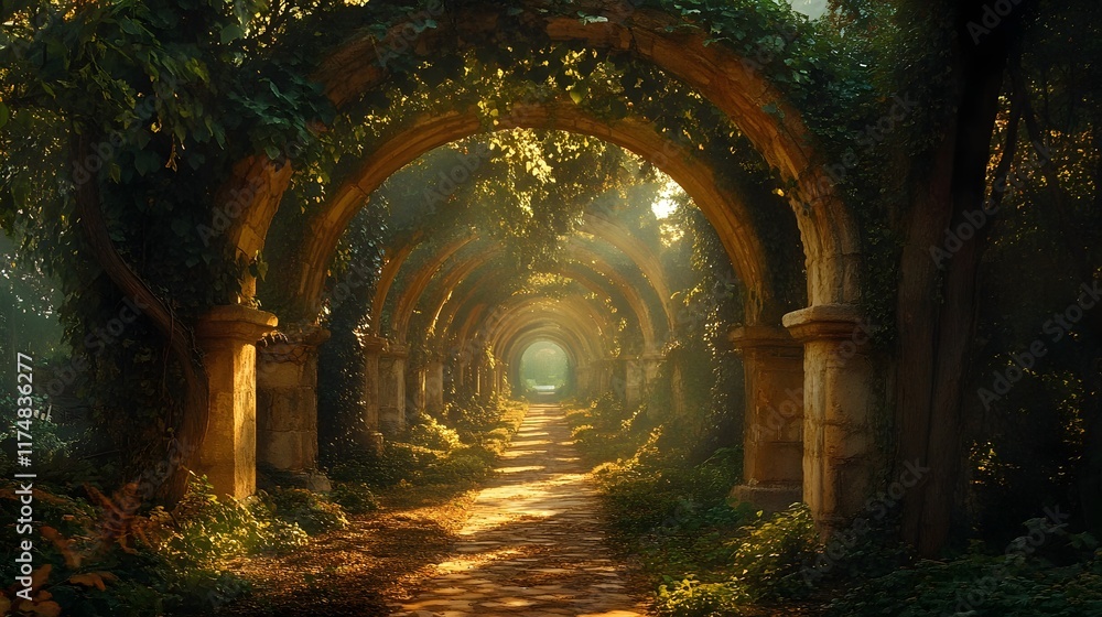 Poster enchanting pathway leading through towering arched entryways with delicate vines and lush foliage ha