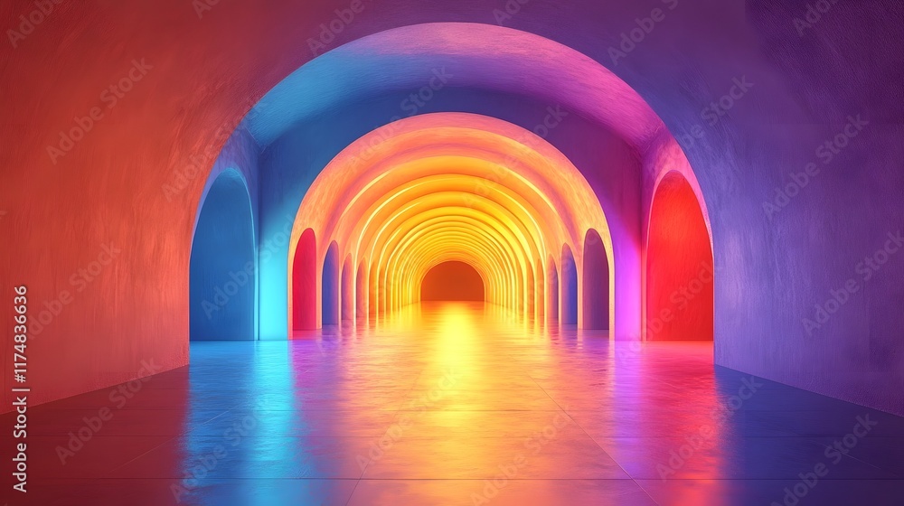 Poster illuminated tunnel pathway with glowing symmetry pulsating streaks and a streamlining vortex of dept