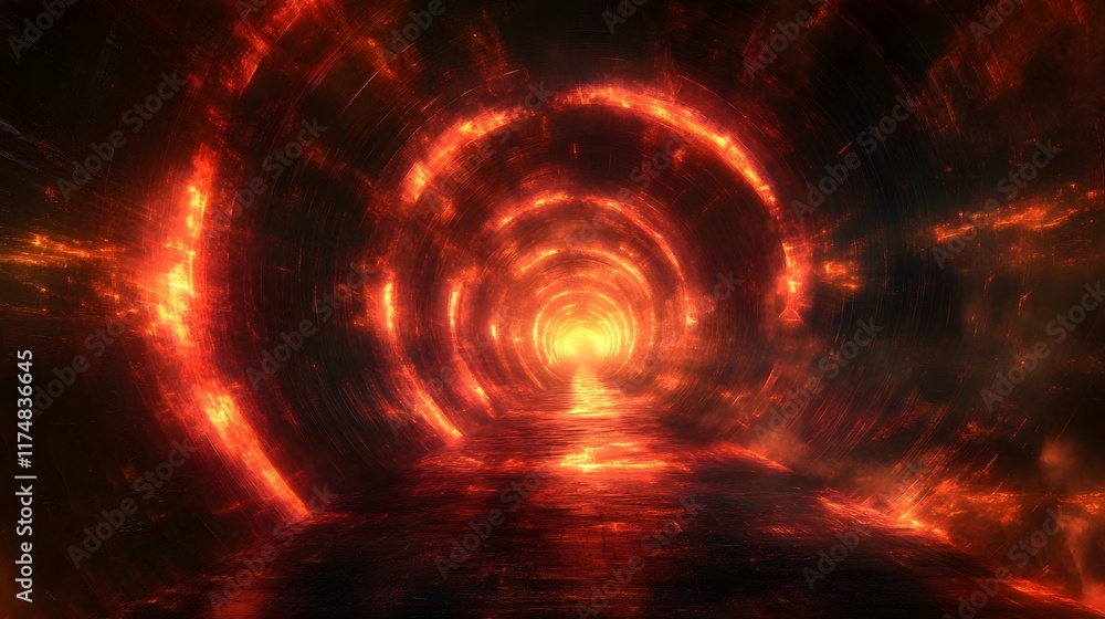 Poster Illuminated symmetrical tunnel pathway with pulsating streaks streamline vortex and a glowing depth creating a futuristic sci fi and mesmerizing visual effect