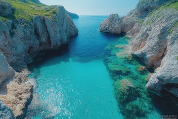Naklejka premium Breathtaking coastal view with turquoise waters and rocky cliffs on a sunny day
