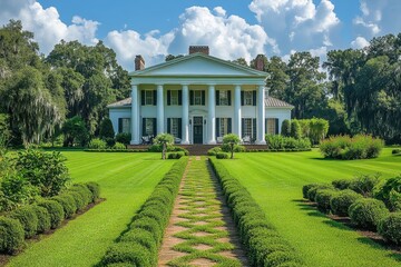 Obraz premium Historic plantation house with manicured gardens under a clear blue sky in southern landscape