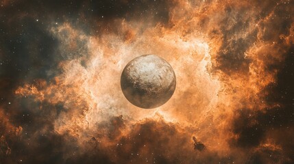 A celestial landscape featuring a glowing planet amidst vibrant cosmic clouds.