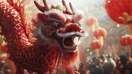 Naklejka premium Dynamic Chinese Dragon Character in Vibrant Celebration