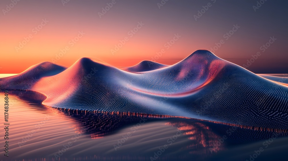 Poster fluid waveform reflections with rhythmic sparkle blending symmetrical depth and gradient contours in