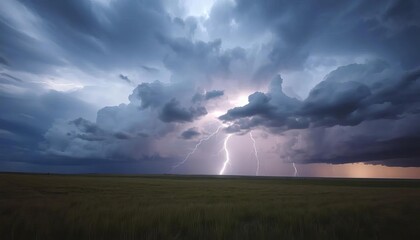 Dramatic Lightning Storm Over a Vast Green Field