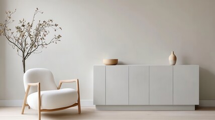 A stylish white living room featuring a modern gray cabinet for a chic and contemporary aesthetic.