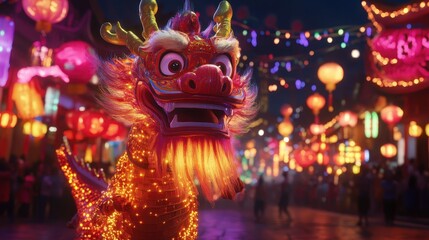 Fototapeta premium Luminous Dragon in a Vibrant Festival Scene
