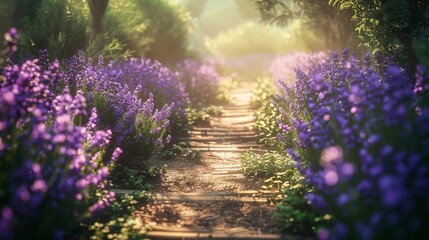 Obraz premium Enchanting Lavender Pathway at Sunrise in a Lush Garden Landscape Scene