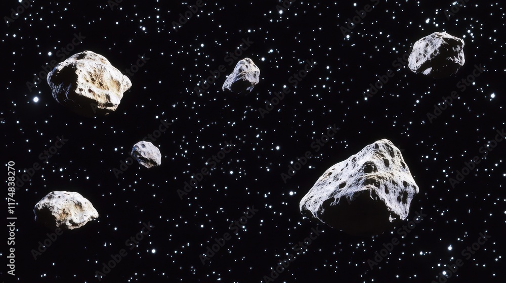 Poster a mesmerizing view of asteroids floating in the dark expanse of space, surrounded by shimmering star