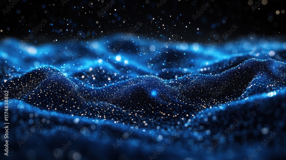 Poster abstract blue waves of sparkling particles, creating a mesmerizing night sky effect.