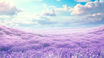 Lavender Field Under A Sunny Sky With Birds Flying