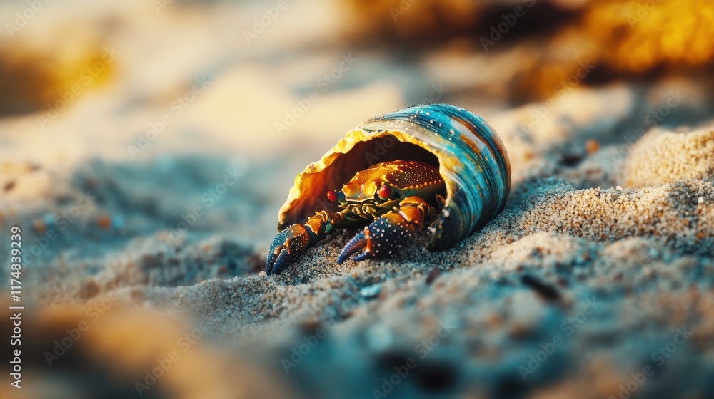 Poster a colorful hermit crab emerging from its shell on a sandy beach, showcasing intricate patterns and v
