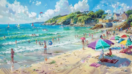 Obraz premium Vibrant Summer Day at the Beach with Sailboats and Umbrellas