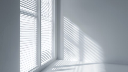 Obraz premium Tall window with half open white blind, white window frame and white wall, blind shadow and natural sunlight cast on the white wall, simple minimal design
