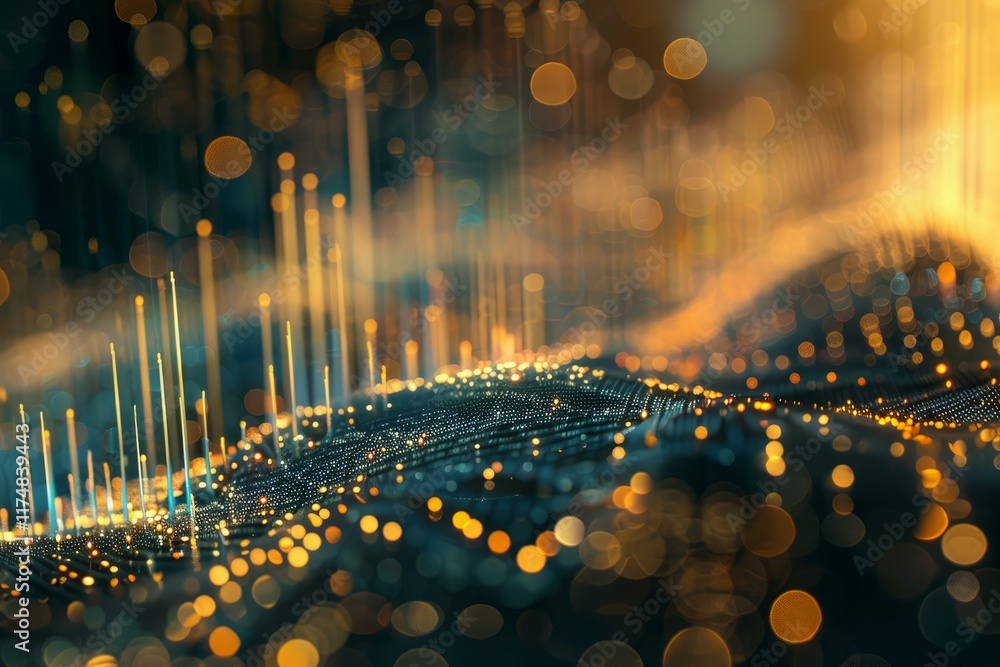 Poster abstract background with particles forming wavy surface and nice bokeh