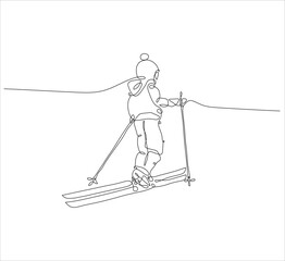 One continuous line drawing of skiing and snowboarding. single line of child playing ski. skiing art illustration