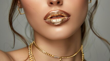 Beautiful woman with shiny lips wearing gold necklace and ring, AI generated image