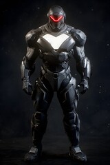 Fototapeta premium A full-body shot of an evil cyborg villain, with red eyes and black armor featuring a glowing white chestplate. The figure has a muscular build and is set against a dark background, created 