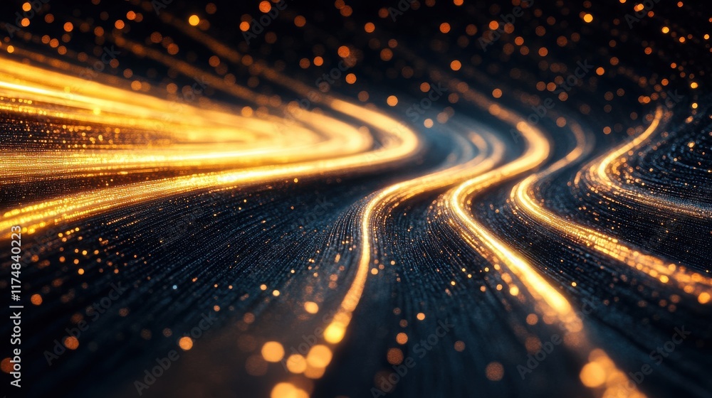 Poster Abstract golden wave patterns with glowing particles create a mesmerizing, dynamic atmosphere.