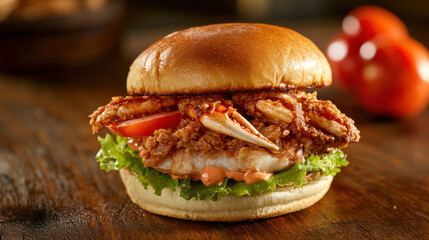 Delicious Crispy Fried Crab Sandwich on a Fresh Bun with Lettuce, Tomato, and Spicy Sauce on a Rustic Wooden Table Setting