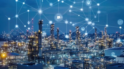 Naklejka premium Industrial Complex Night Scene Showing Digital Network Connectivity