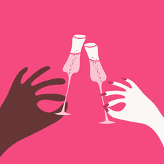 Diverse couples hands toasting champagne flutes vector illustration. Cartoon style Valentines Day greeting card