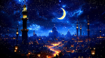Mystical Night City of Mosques Under a Starry Sky
