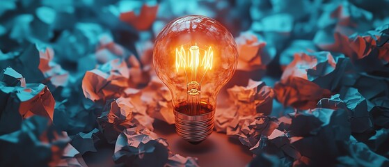 A bright light bulb surrounded by crumpled paper, visualizing the journey from mistakes to inspiration and success