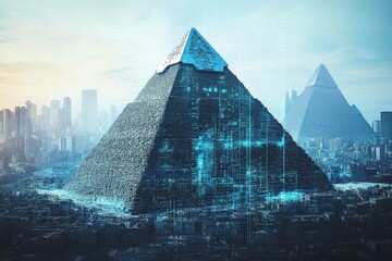 Futuristic Pyramids Surrounded by a Modern Cityscape with Digital Elements