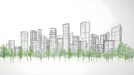 A green city with buildings made of bamboo, white background, 3D illustration style, urban landscape design drawing, sketching lines, and 2D images. The overall color scheme is mainly dark gray 