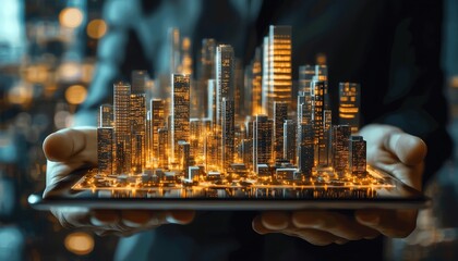 A highrise property developer holding a tablet with 3D models and analytics, showcasing cuttingedge technology and KPIfocused planning, futuristic skyline behind