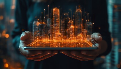 A highrise property developer holding a tablet with 3D models and analytics, showcasing cuttingedge technology and KPIfocused planning, futuristic skyline behind