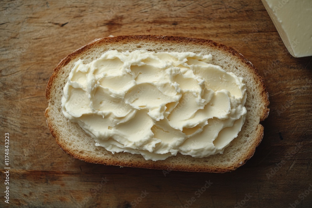 Aufkleber a slice of whole grain bread topped with a generous layer of creamy butter.