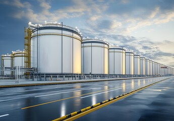 Obraz premium A high-tech petrochemical plant with large steel tanks and pipes, 3D rendering, blue sky background, high resolution, landscape photography, wide-angle lens, bright lighting, industrial environment, 