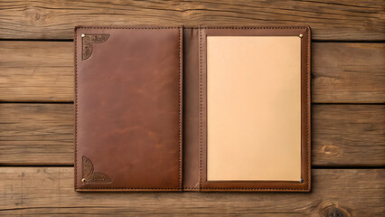 An elegant brown leather menu mockup featuring corner embossed ornaments, stitched edges, and a wooden background. Ideal for premium restaurant branding presentations.