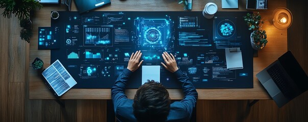 AI technology and digital transformation devices on a desk, top view of a person brainstorming business ideas, futuristic work environment