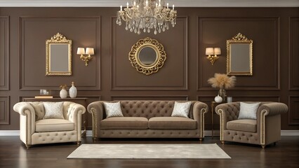 An elegant living room interior featuring Mocha Mousse tones, gold accents, plush furniture, and ornate mirrors. Color of the Year 2025: Mocha Mousse