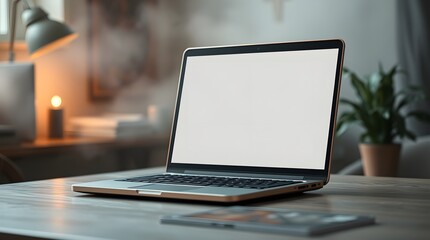 Laptop on Office Desk for Business and Technology: Computer in Blurred Workspace for Productivity