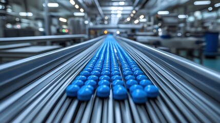 Obraz premium Blue pills on conveyor belt in factory.